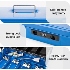 Blue Cash Box With Money Tray Combination Lock 11.8×9.5×3.5 Inch Safe New