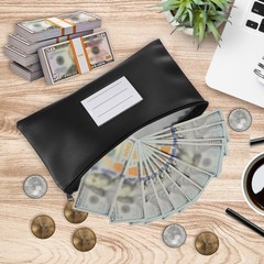 11×6 Inch Money Bags with Zipper, 2Pcs PU Leather Cash Pouch, Black/Purple