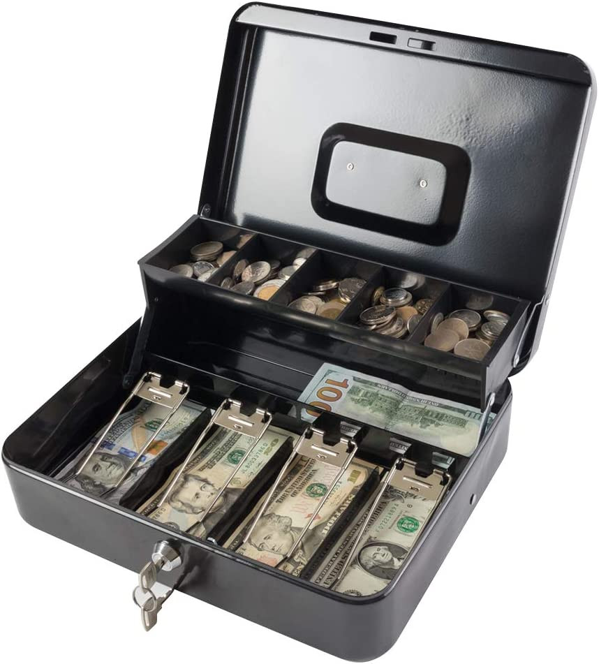 Locking Cash/Money Saving Organizer Box with Lock Safe with Key and Cash Tray, B