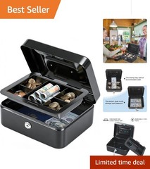 Medium Black Cash Box with Key Lock & Money Tray – 7.87&Prime; x 6.30&Prime; x 3.54&Prime;