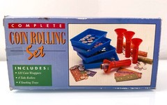Complete Coin Rolling Set With Red Tubes & Blue Trays For Sorting And Wrapping