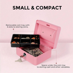Pink Small Cash Box with Key Lock Metal Money Box w/ Tray Portable