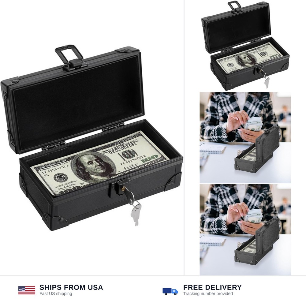 Hipiwe Black Lockable Cash Box Money Storage Case with Lock Aluminium Alloy M…