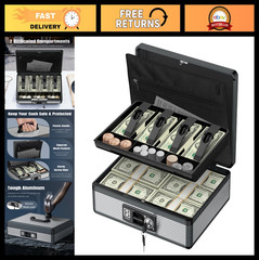 Portable Cash Box with Lock & Money Tray, Large Metal Safe for Cash Register, 13