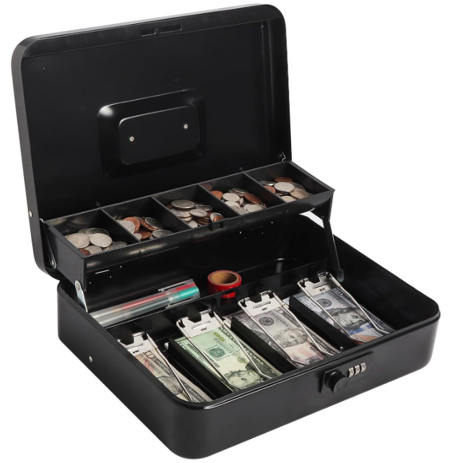 Large Cash Box with Money Tray and Lock, Metal Money Box for Cash, Lockbox 11.8