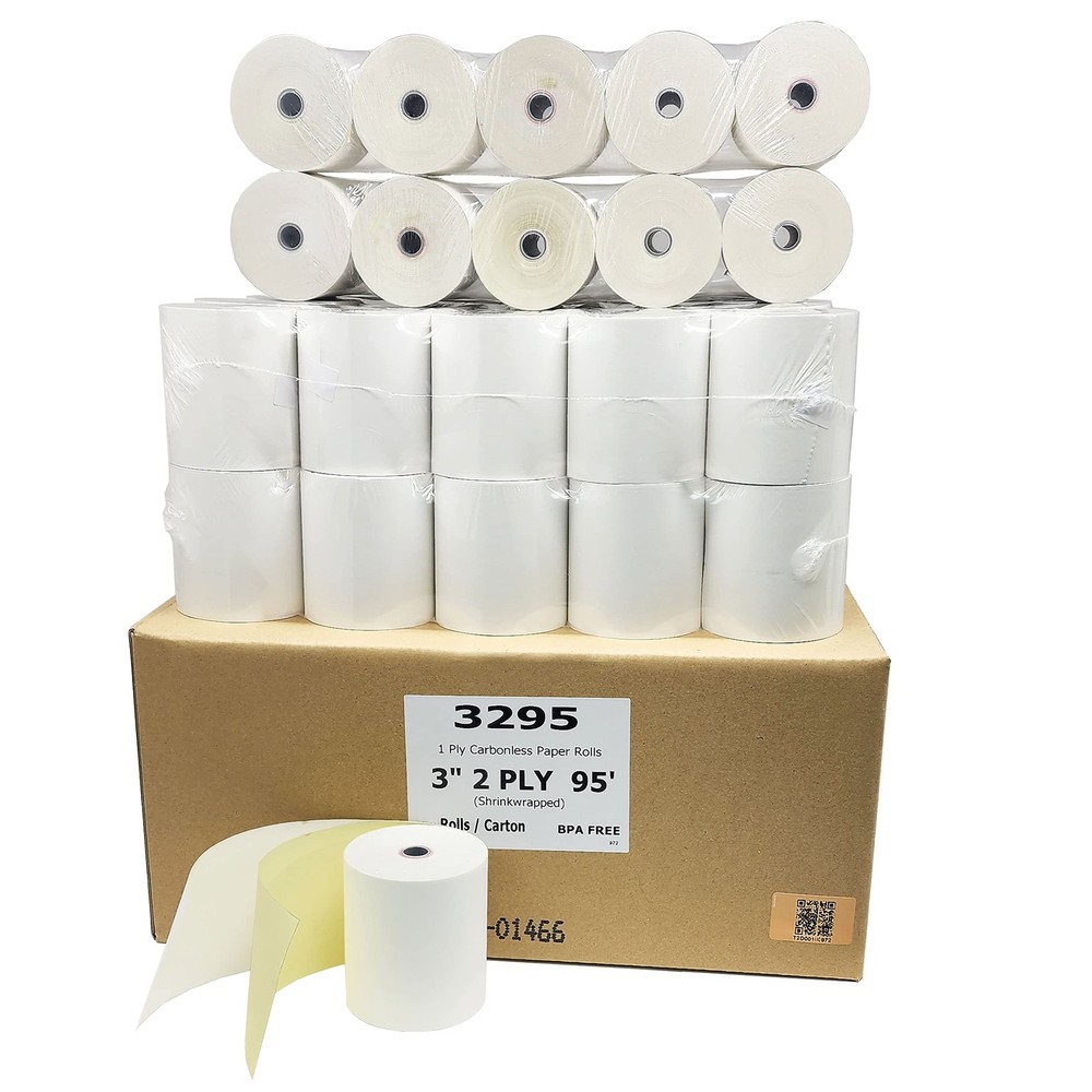 Yellow White 3 Inch 2 Ply Carbonless Copy Paper Rolls 40 Rolls 95 Feet