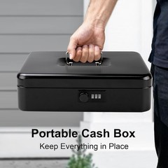 Secure Large Metal Cash Box with Combination Lock and Money Tray – Black