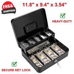 Cash Box With Lock Key & Money Tray Large Money Box for Cash Register, Metal Box