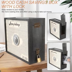 10000 Savings Challenge Box with Lock, Wooden Large 10k Money Saving Box Save…