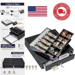 Durable Cash Register Drawer 16 Inch Black with Stainless Steel Coin Compartment