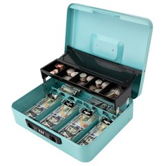 Secure Cash Box with Combination Lock, Sliding Coin Lid & Money Tray – Teal 11.8