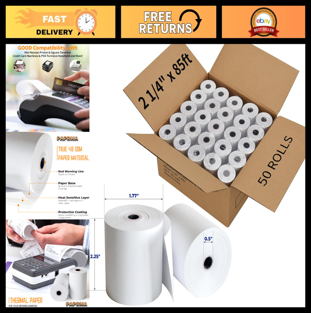 85&prime; Thermal Receipt Paper Rolls – 50 Pack, 2 1/4&Prime; Cash Register POS Paper for Ve