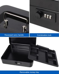 Black Large Metal Cash Box Combination Lock Money Tray 11.8×9.5×3.54 Inch