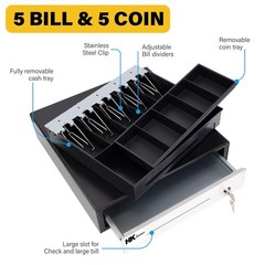16inch « Stainless Steel » Front Heavy Duty Black POS Cash Drawer with 5Bill/5Coin