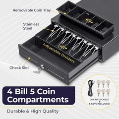 Compact Cash Drawer for POS Systems – 4 Bill & 5 Coin Slots, Anti-Theft Design