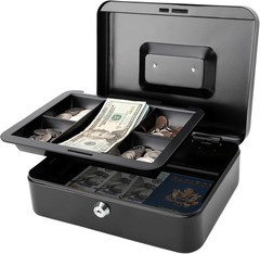 Black Cash Box with Key Lock and Removable Tray – Perfect for Home or Office