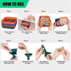 Coin Sorter Tubes And Color Coded Separator Trays With 72 Wrappers Kit