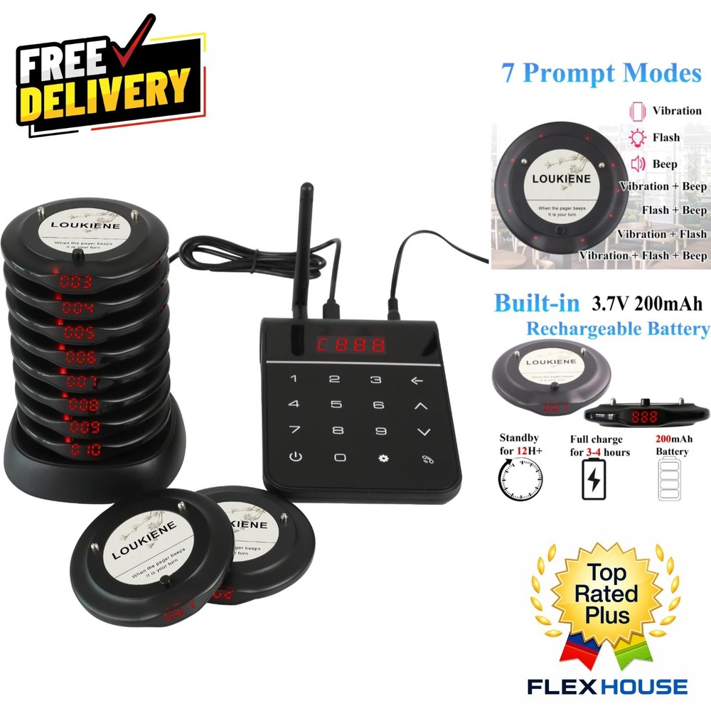 Wireless Restaurant Paging System – Waterproof with 10 Coaster Pagers Included