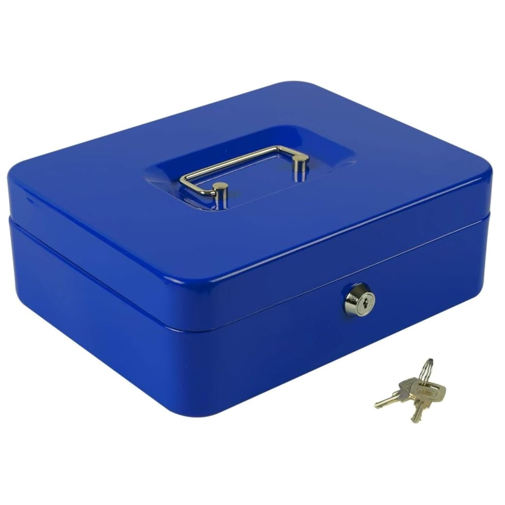 Large Blue Lock Box with Money Tray Safe Metal Cash Storage 9.84×7.87×3.54 in…