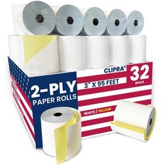 32 Rolls 2 Ply Kitchen Printer Paper White/Yellow Carbonless Rolls 3” x 95 Fe…