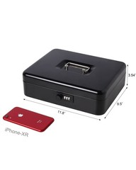 Large Cash Box With Combination Lock Money Tray Metal Black 11.8×9.5×3.54 Inch