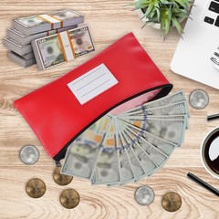 11×6 Inch Money Bags with Zipper, 2Pcs PU Leather Cash Pouch, Black/Red
