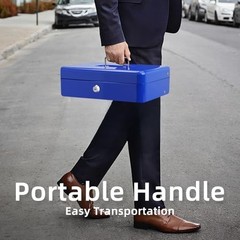 Cash Box with Lock Key Money Tray 11.8×9.4×3.54 Inch Metal Lockbox Blue for Cash