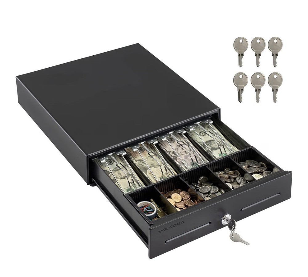 13&Prime; POS Cash Drawer, 4 Bill 5 Coin Tray, RJ11/RJ12, Key Lock, Black