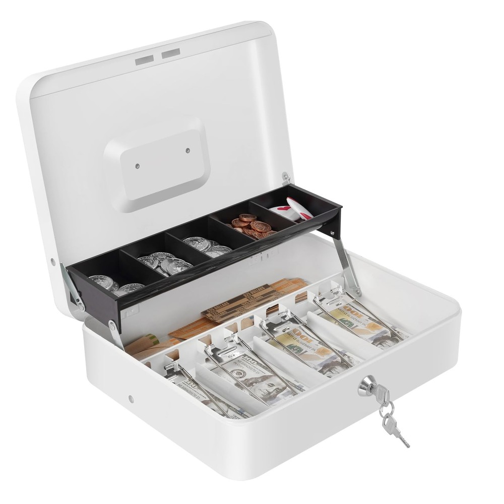 XL Large Cash Box Money Tray Key Lock 11.8×9.45×3.54 Inch Safe Storage White