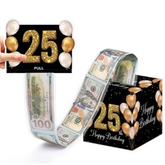 25th Birthday Money Box Cash Pull Black Gold 50 PCS Transparent Bags Card