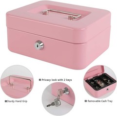 Medium Cash Box with Key Lock and Removable Tray for Money Storage Pink