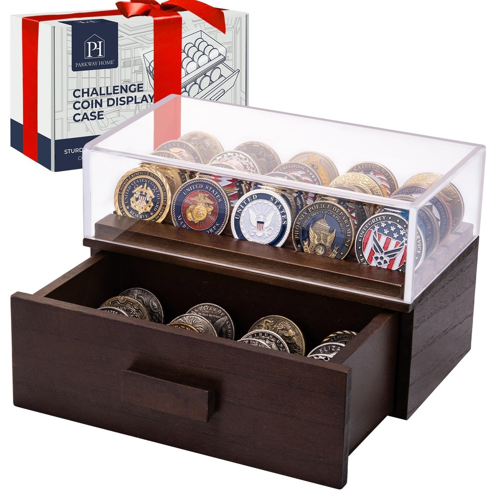 Wooden Display Case with Clear Cover – Medium Coin Medium, 36 Coins, Brown
