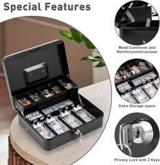 Locking Cash/Money Saving Organizer Box with Lock Safe with Key and Cash Tray, B