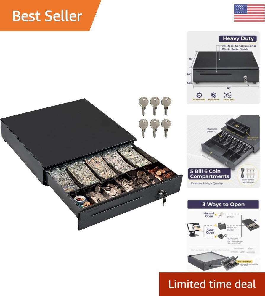 Secure Cash Register Drawer with Removable Coins, Media Slot, for POS Systems