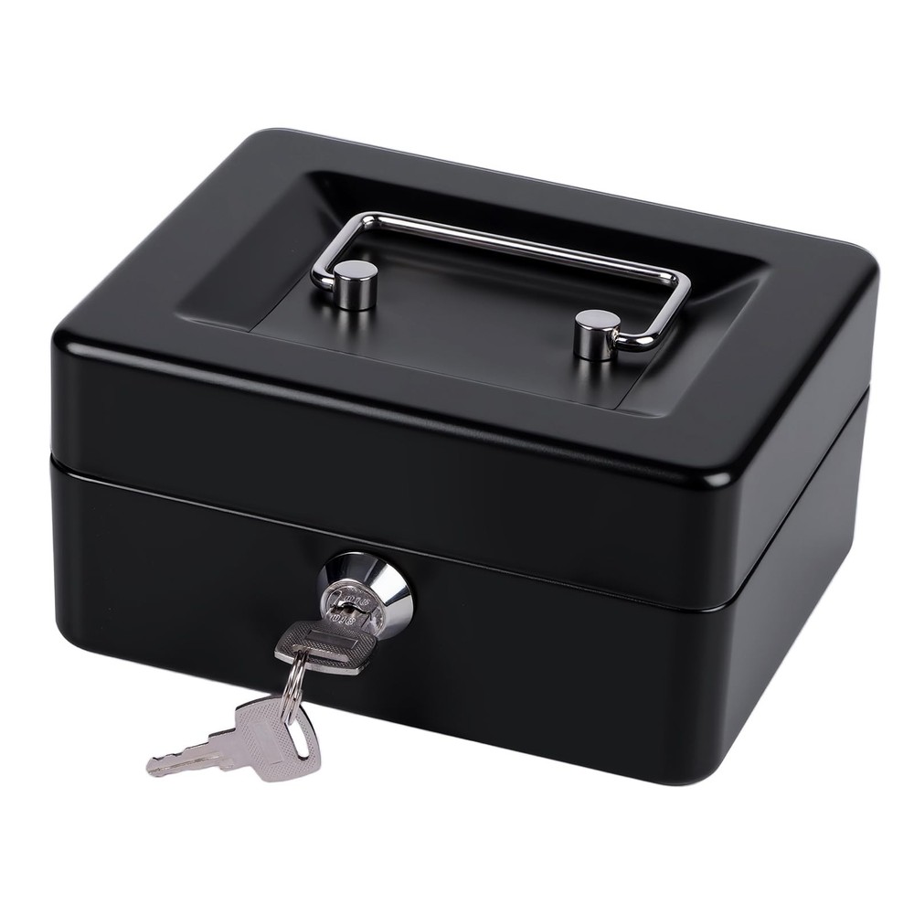 Small Cash Box with Money Tray and Lock, Metal Small, Black – Key Lock
