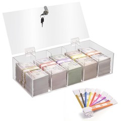 Acrylic Locking Currency Tray With 300 Currency Wrappers, 5 Compartment Clear…