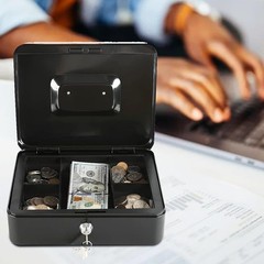 Secure Medium Cash Box, Key Lock, Removable Coin Tray, Black