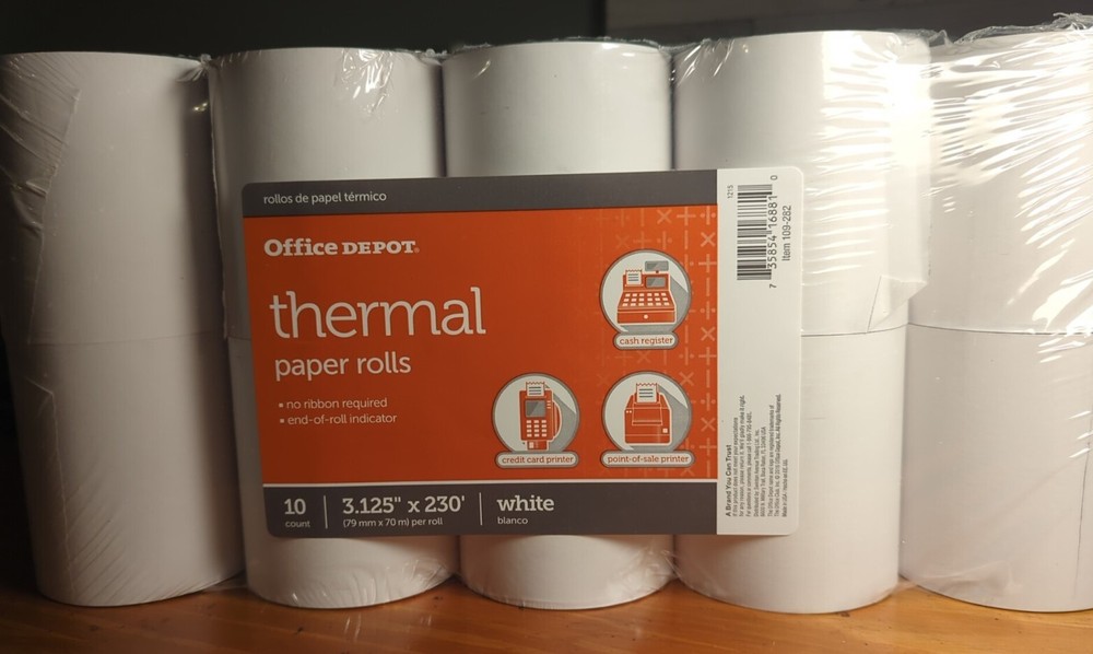 Office Depot Thermal Paper Rolls, 3 1/8in. x 230ft. White, Pack Of 10, 109-282