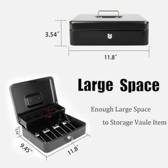 Cash Box Money Tray Key Lock Storage Cash Register Box 11.8×9.45×3.54 Inch Black