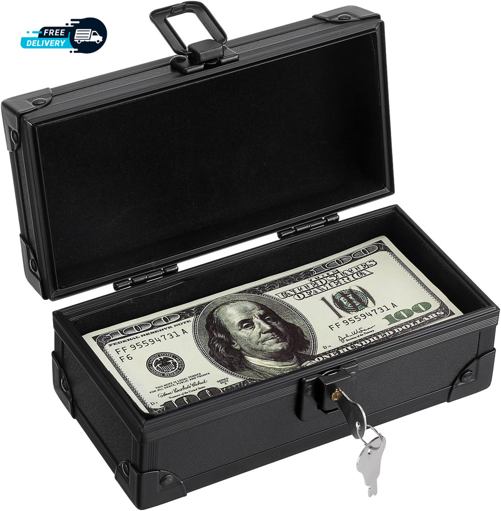 Black Lockable Cash Box Money Storage Case with Lock Aluminium Alloy