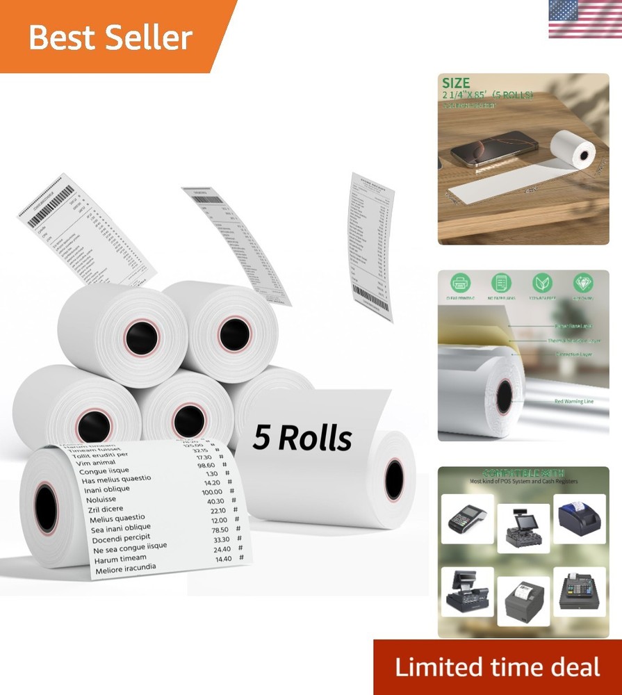 High-Quality 2 1/4&Prime; x 85&prime; Thermal Receipt Paper (5 Rolls) for Reliable Printing