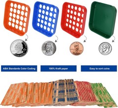 Coin Sorters Tray, 4 Color-Coded Coin Sorting Tray with 160 Assorted Coin Roll W