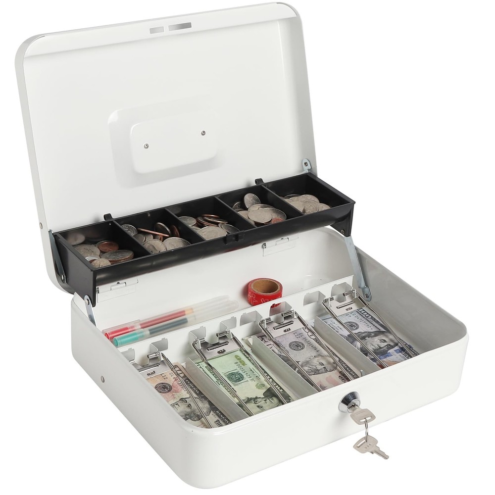 Lovndi Large Cash Box with Money Tray and Lock, Metal White key lock