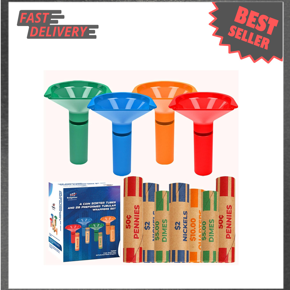 Coin Sorter Tubes with Color Coded Coin Wrappers Set of 4 U S Coins Quarter Dime