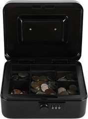 Durable Steel Cash Box Safe with Combination Lock & Removable Coin Tray – Black
