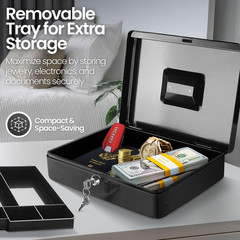Metal Cash Box with Lock and Removable 9-Compartment Money Tray Black