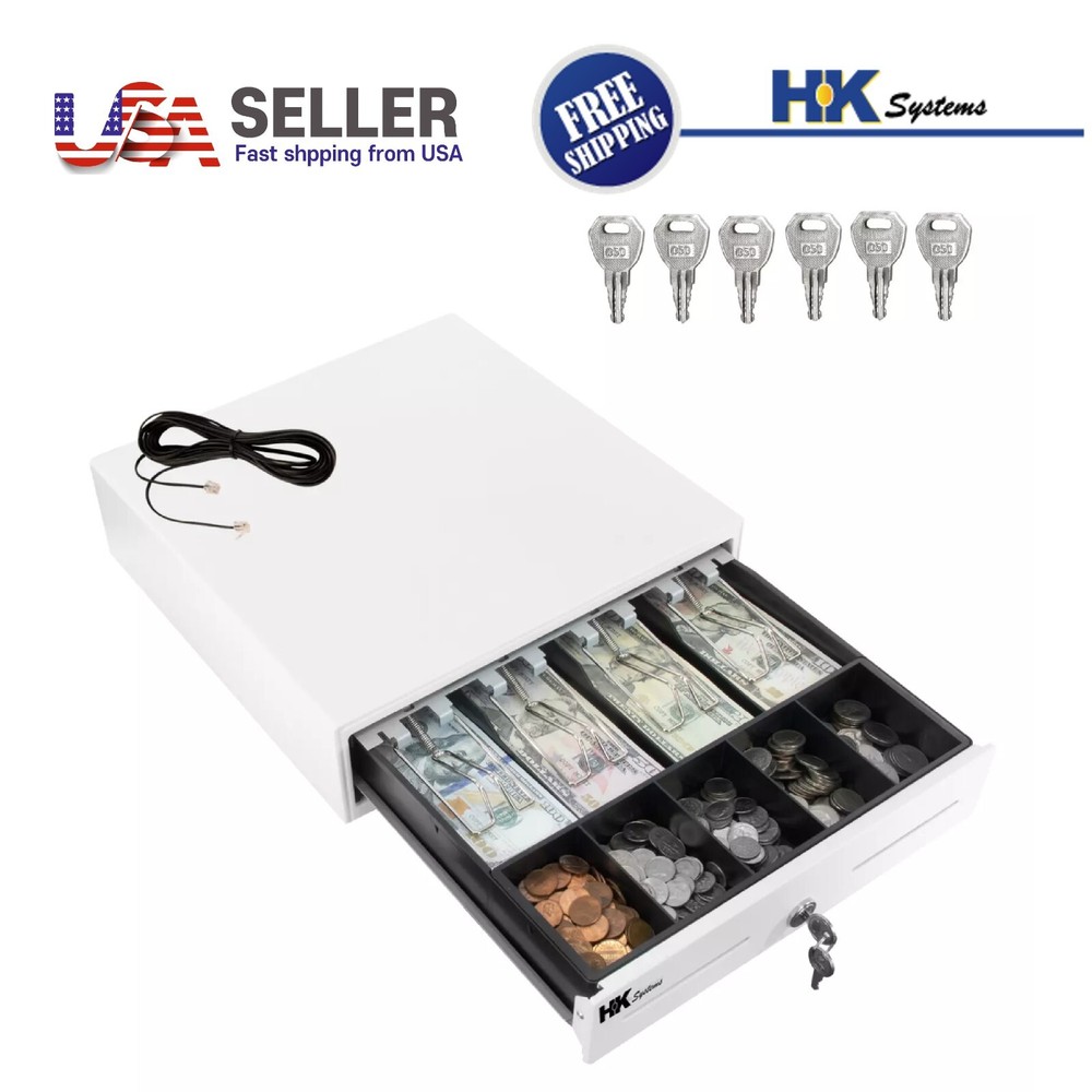 HK SYSTEMS 13&Prime; White Heavy Duty POS Interface Cash Drawer with 4Bill/5Coin