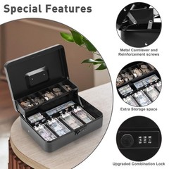 Portable Cash Box with Combination Lock, Coin Tray & Bill Clips for Yard Sales,