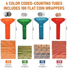 Coin Counting Tubes Set of 4, Color-Coded Tubes, Includes 100 Assorted Flat Coin