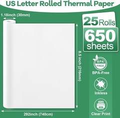 25 Rolls Thermal Printer Paper 8.5&Prime;x11&Prime; US Letter Size, BPA 25 Rolls, white